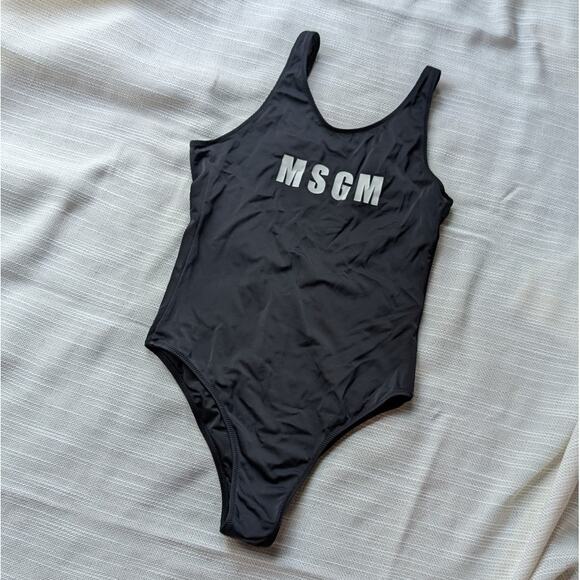 MSGM Black Logo Print One-Piece Italy Swimsuit - Picture 2 of 8